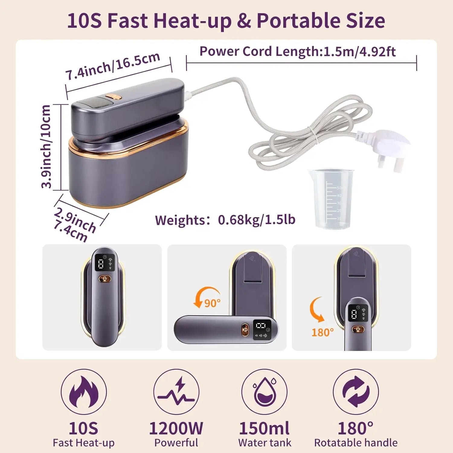 Portable 1200W Handheld Garment Steamer with Rotatable Handle